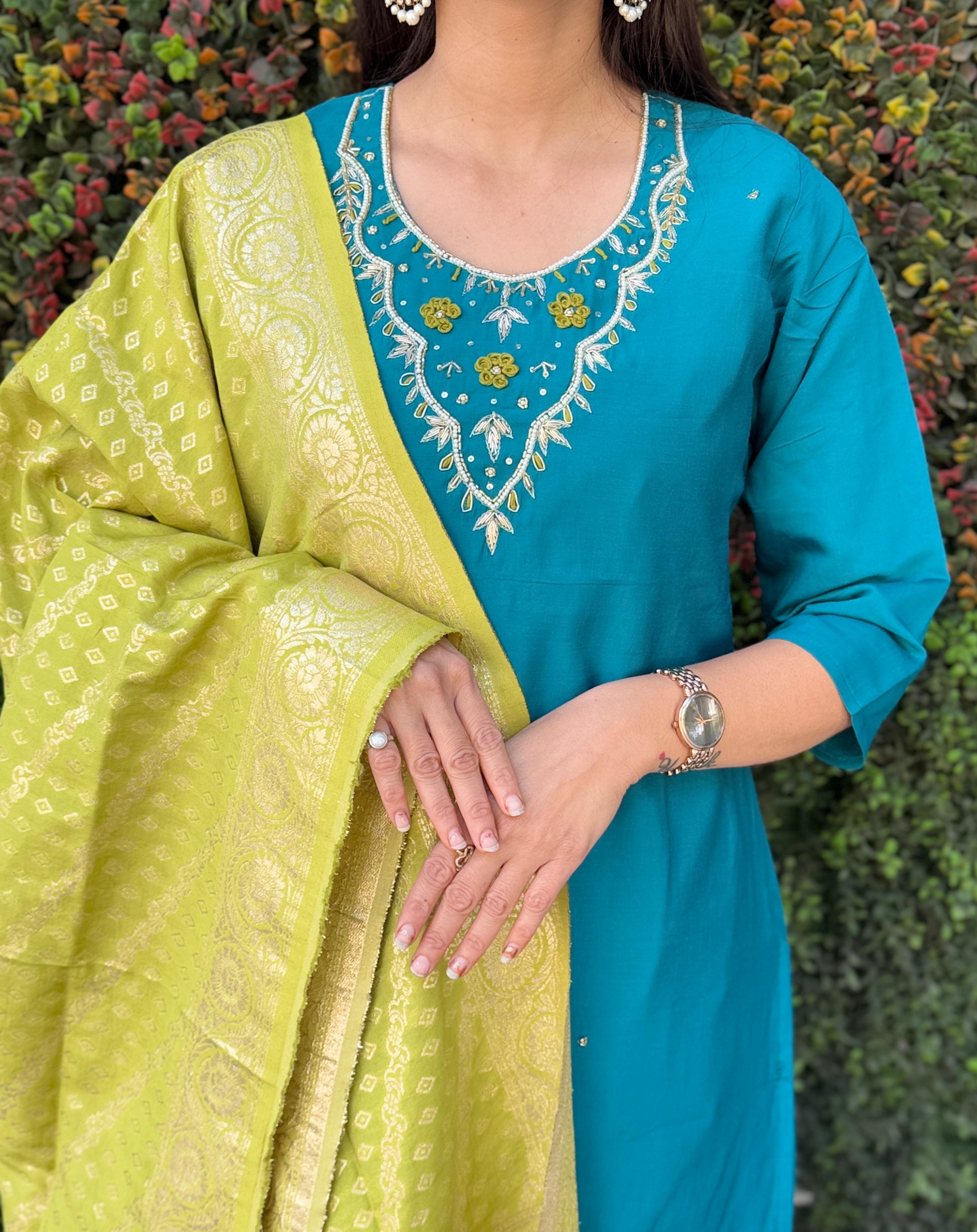 Vedant Vastram Kurta Pant Set With Dupatta Having Beautiful Handwork - Rama