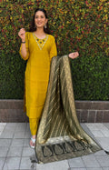 Vedant Vastram Kurta Pant Set With Dupatta Having Beautiful Handwork - Yellow