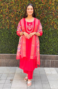 Vedant Vastram Kurta Pant Set With Dupatta Having Beautiful Handwork - Red