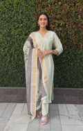 Vedant Vastram Kurta Pant Set With Dupatta Having Beautiful Handwork - Light Pista