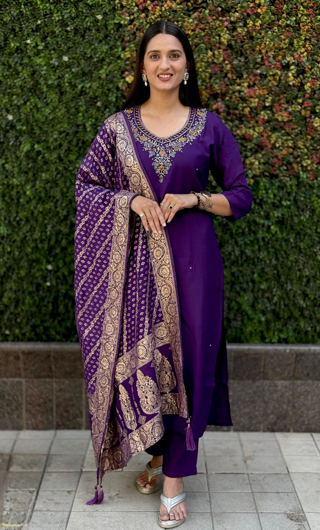 Vedant Vastram Kurta Pant Set With Dupatta Having Beautiful Handwork - Violet