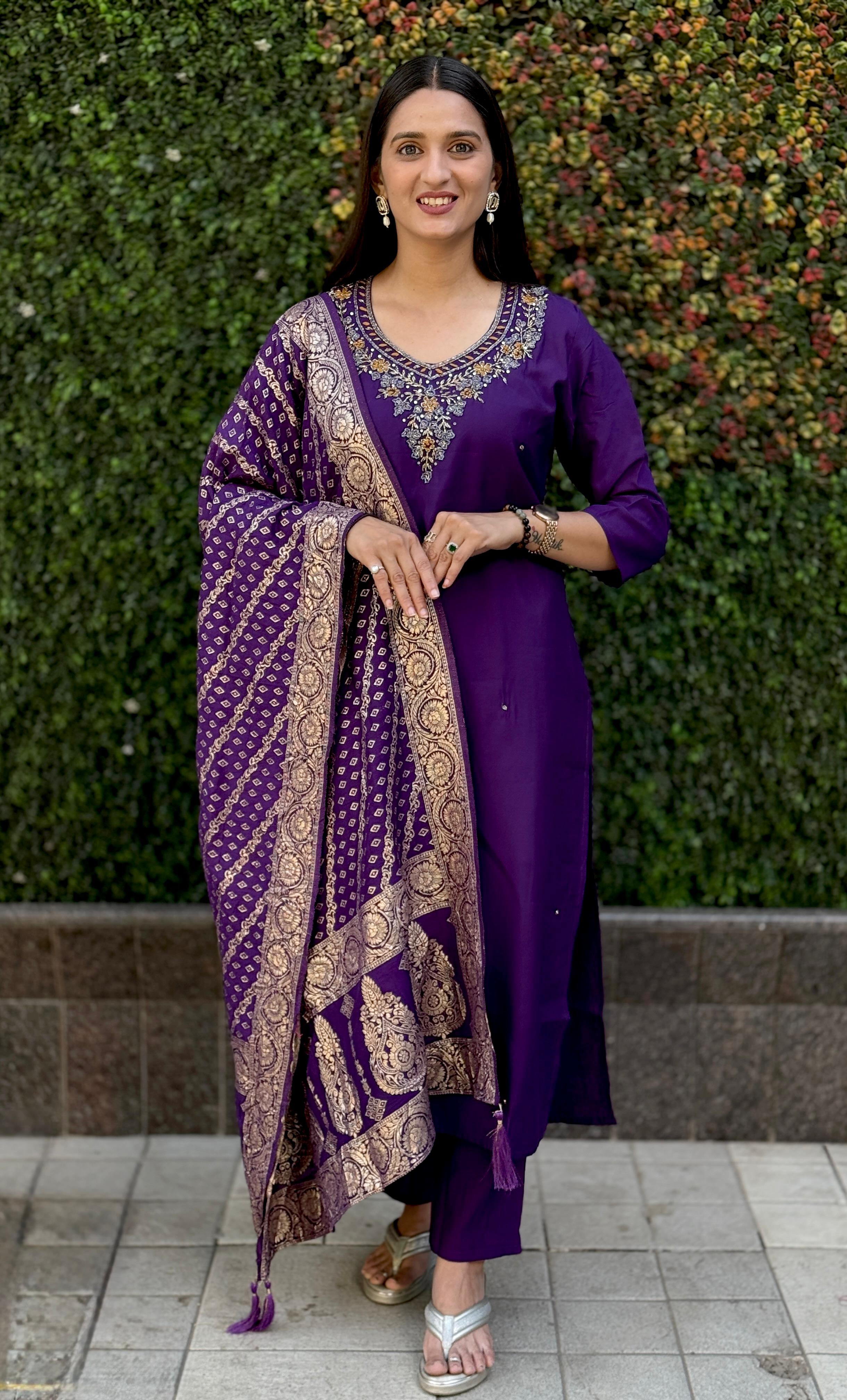 Vedant Vastram Kurta Pant Set With Dupatta Having Beautiful Handwork - Violet