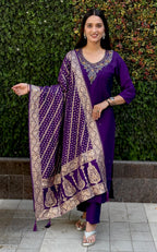 Vedant Vastram Kurta Pant Set With Dupatta Having Beautiful Handwork - Violet