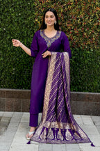 Vedant Vastram Kurta Pant Set With Dupatta Having Beautiful Handwork - Violet