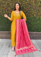 Vedant Vastram Kurta Pant Set With Dupatta Having Beautiful Handwork - Yellow