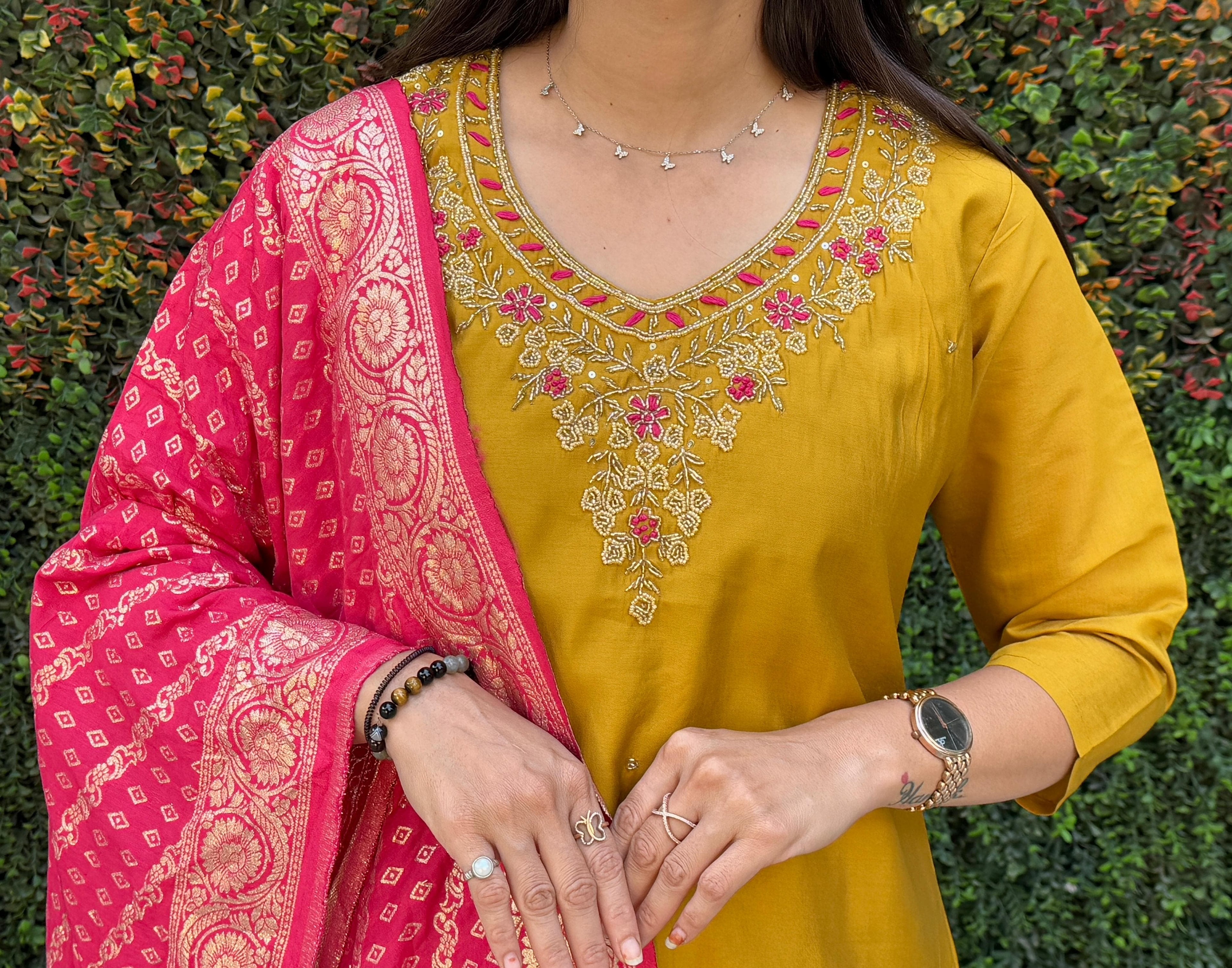 Vedant Vastram Kurta Pant Set With Dupatta Having Beautiful Handwork - Yellow