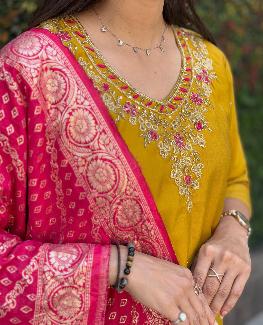 Vedant Vastram Kurta Pant Set With Dupatta Having Beautiful Handwork - Yellow