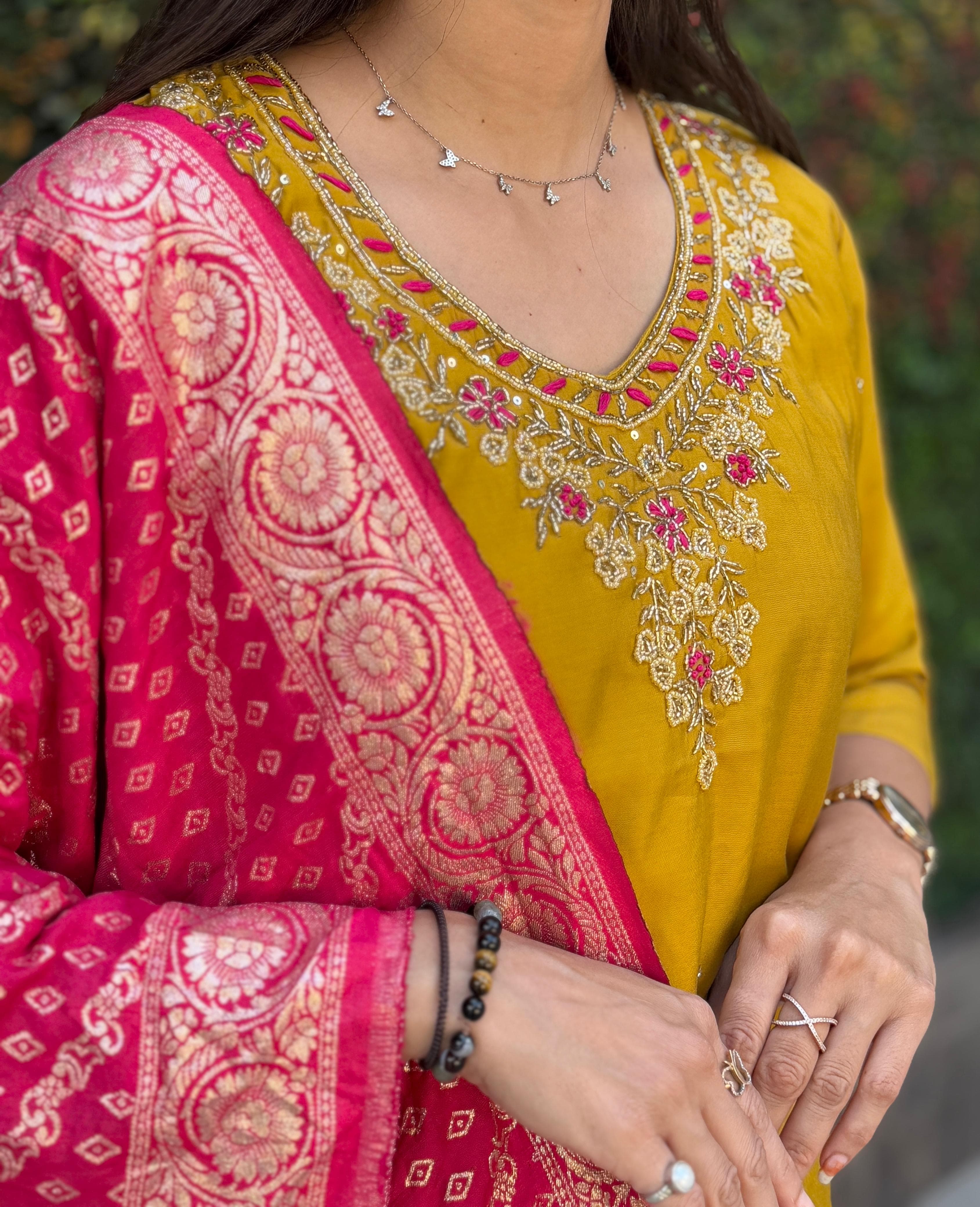 Vedant Vastram Kurta Pant Set With Dupatta Having Beautiful Handwork - Yellow
