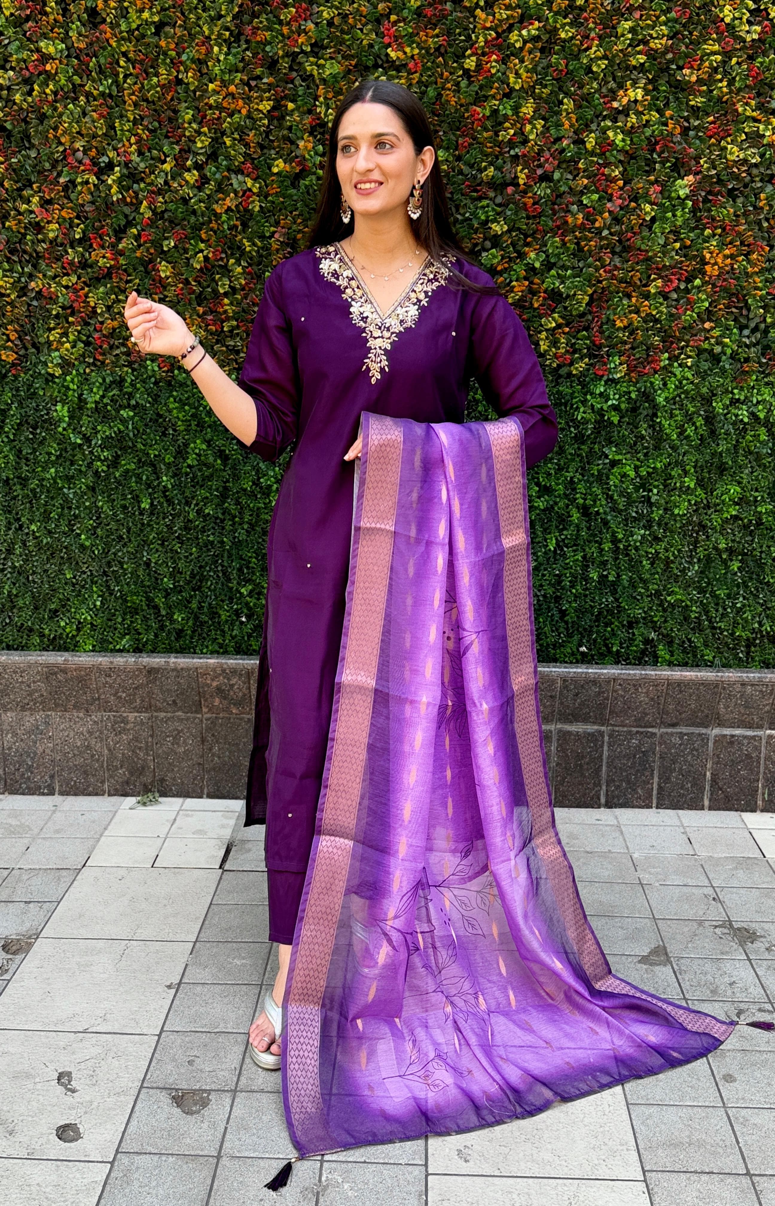 Vedant Vastram Kurta Pant Set With Dupatta Having Beautiful Handwork - Violet