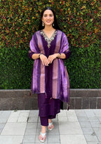 Vedant Vastram Kurta Pant Set With Dupatta Having Beautiful Handwork - Violet