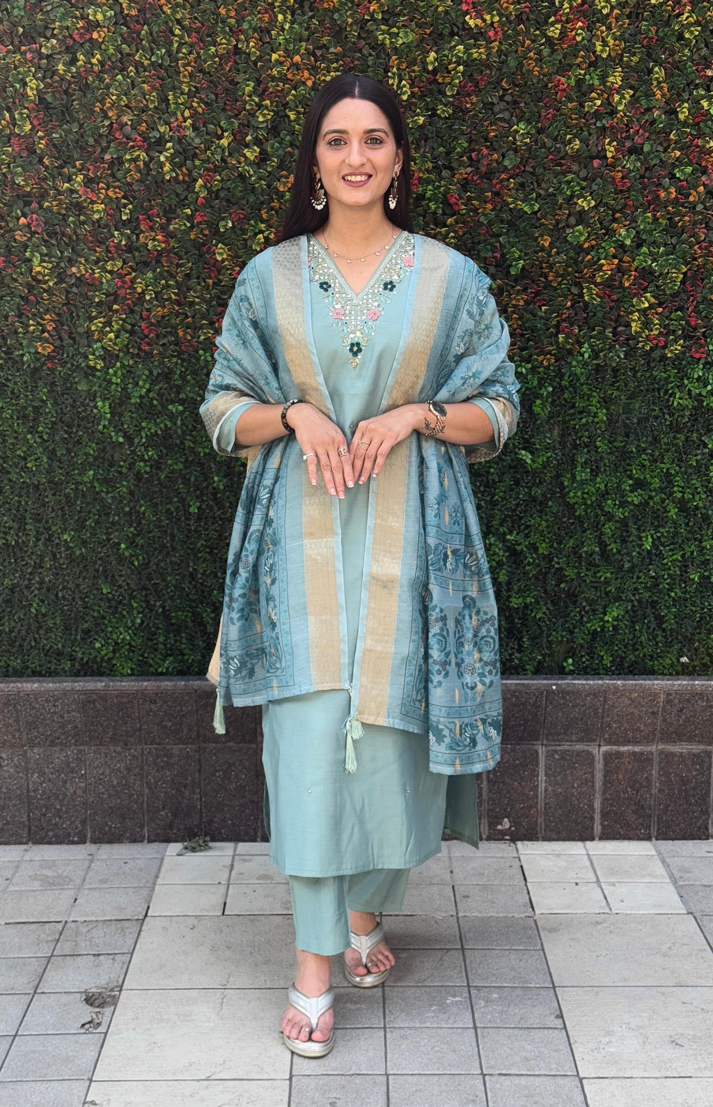 Vedant Vastram Kurta Pant Set With Dupatta Having Beautiful Handwork - See Green