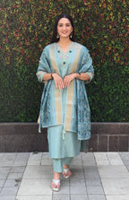 Vedant Vastram Kurta Pant Set With Dupatta Having Beautiful Handwork - See Green