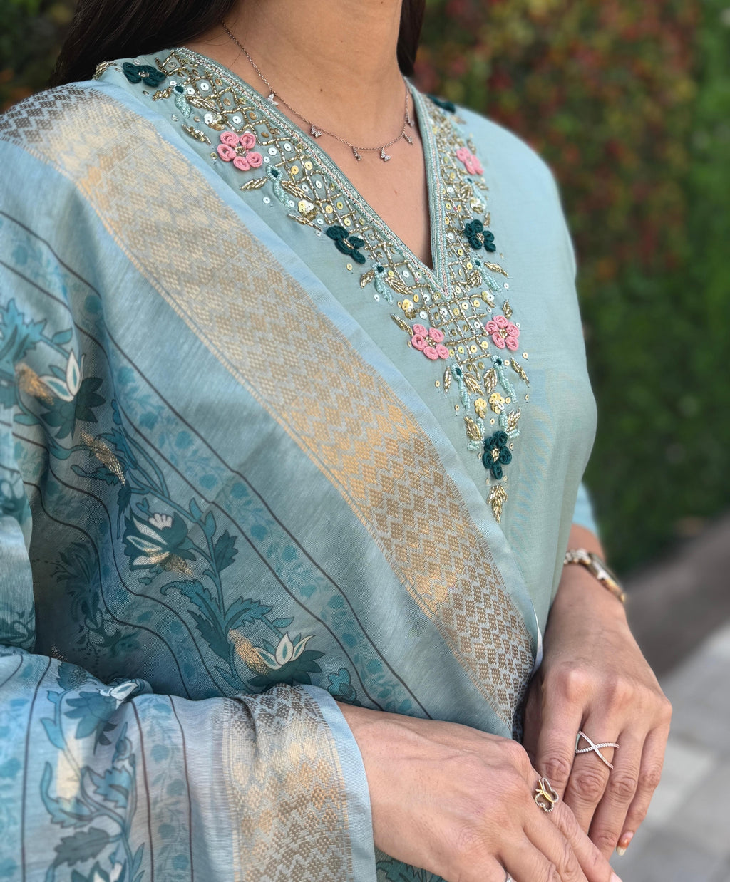 Vedant Vastram Kurta Pant Set With Dupatta Having Beautiful Handwork - See Green