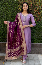 Vedant Vastram Kurta Pant Set With Dupatta Having Beautiful Handwork - Lavender