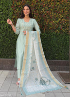 Vedant Vastram Kurta Pant Set With Dupatta Having Beautiful Handwork - See Green