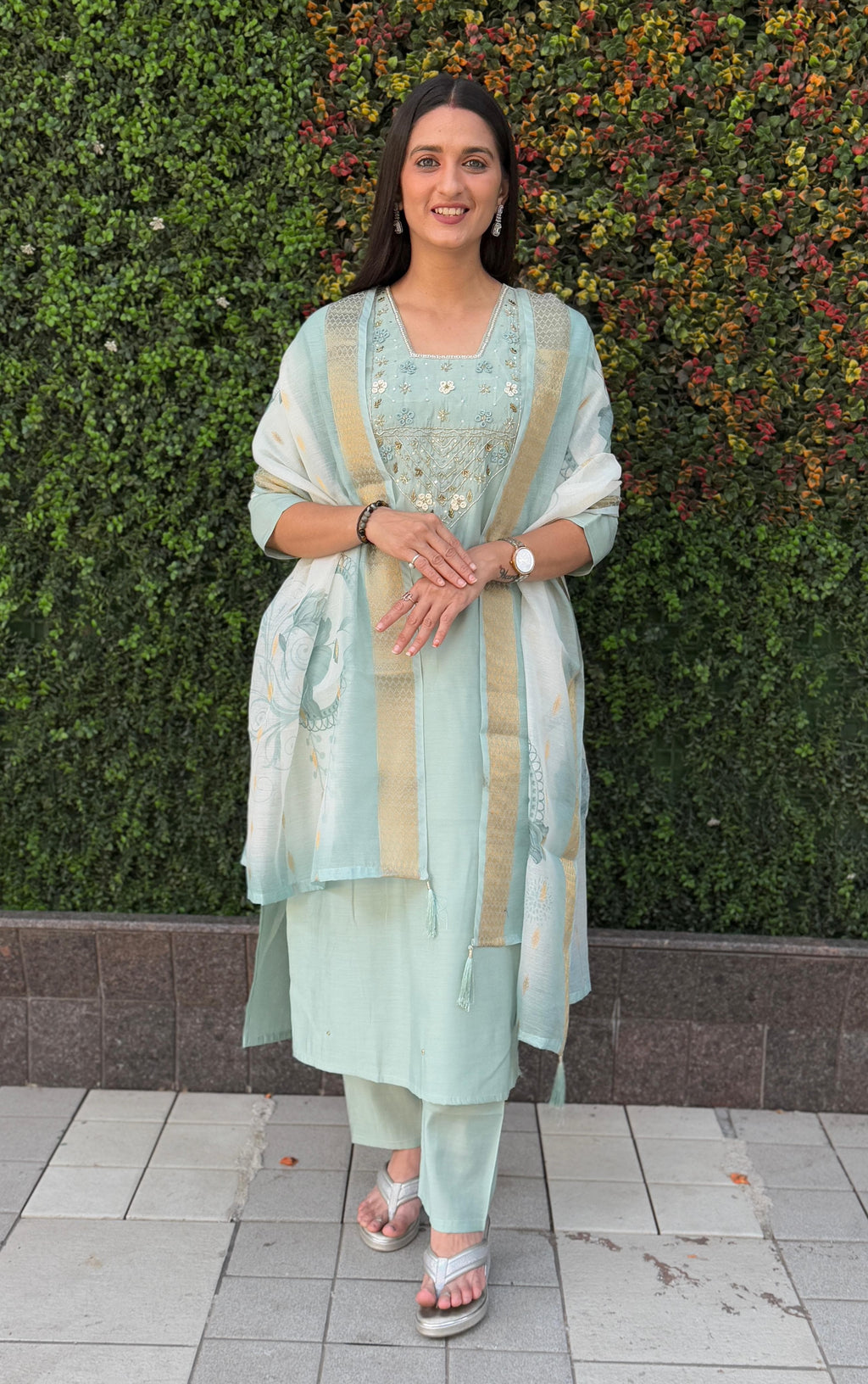 Vedant Vastram Kurta Pant Set With Dupatta Having Beautiful Handwork - See Green