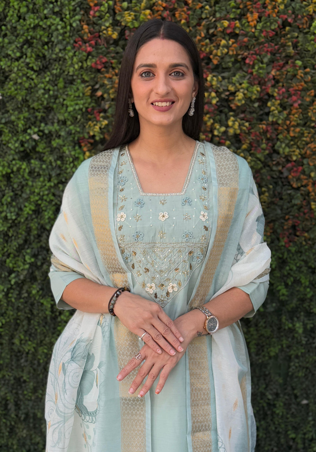 Vedant Vastram Kurta Pant Set With Dupatta Having Beautiful Handwork - See Green