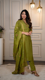Vedant Vastram Roman Silk Hand Work & Embroidery Work Stitched Kurta Pant Dupatta Set-Mehandi - Distacart