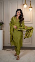 Vedant Vastram Roman Silk Hand Work & Embroidery Work Stitched Kurta Pant Dupatta Set-Mehandi - Distacart