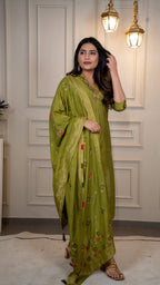 Vedant Vastram Roman Silk Hand Work & Embroidery Work Stitched Kurta Pant Dupatta Set-Mehandi - Distacart