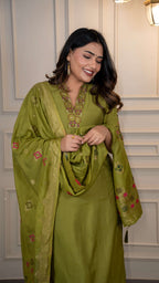 Vedant Vastram Roman Silk Hand Work & Embroidery Work Stitched Kurta Pant Dupatta Set-Mehandi - Distacart
