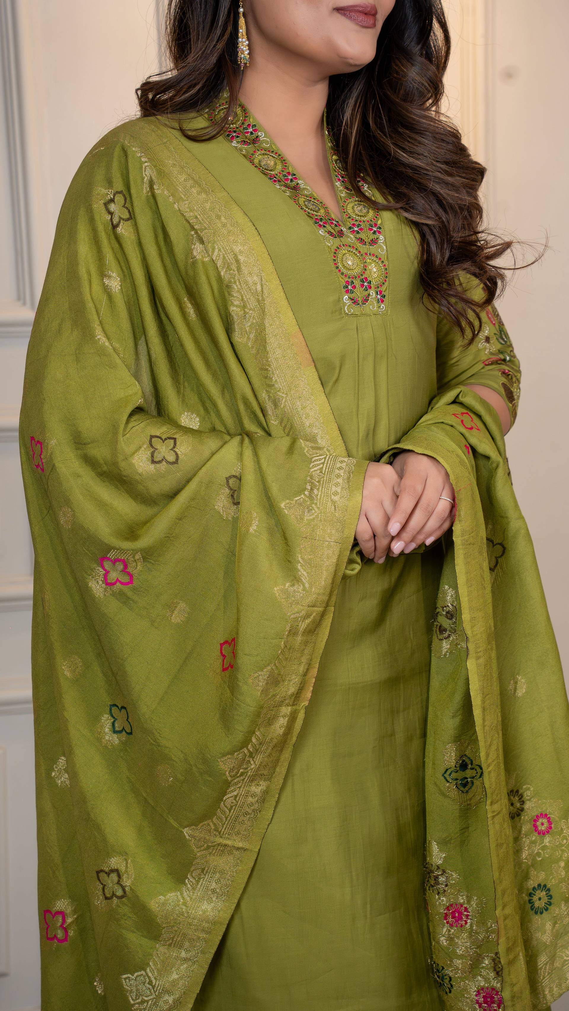 Vedant Vastram Roman Silk Hand Work & Embroidery Work Stitched Kurta Pant Dupatta Set-Mehandi - Distacart
