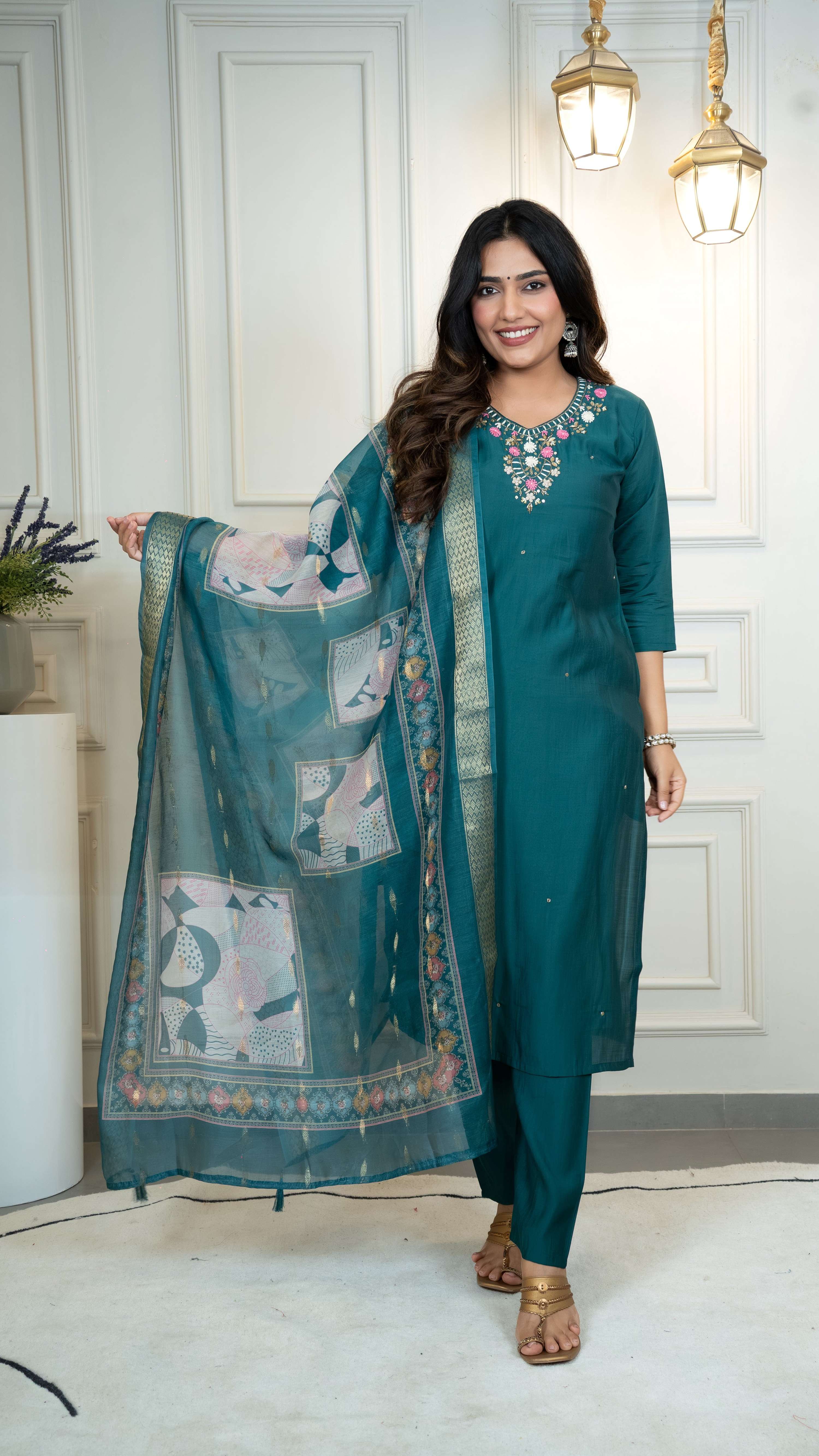Vedant Vastram Roman Silk Hand Work & Embroidery Work Stitched Kurta Pant Dupatta Set-Rama - Distacart