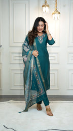 Vedant Vastram Roman Silk Hand Work & Embroidery Work Stitched Kurta Pant Dupatta Set-Rama - Distacart