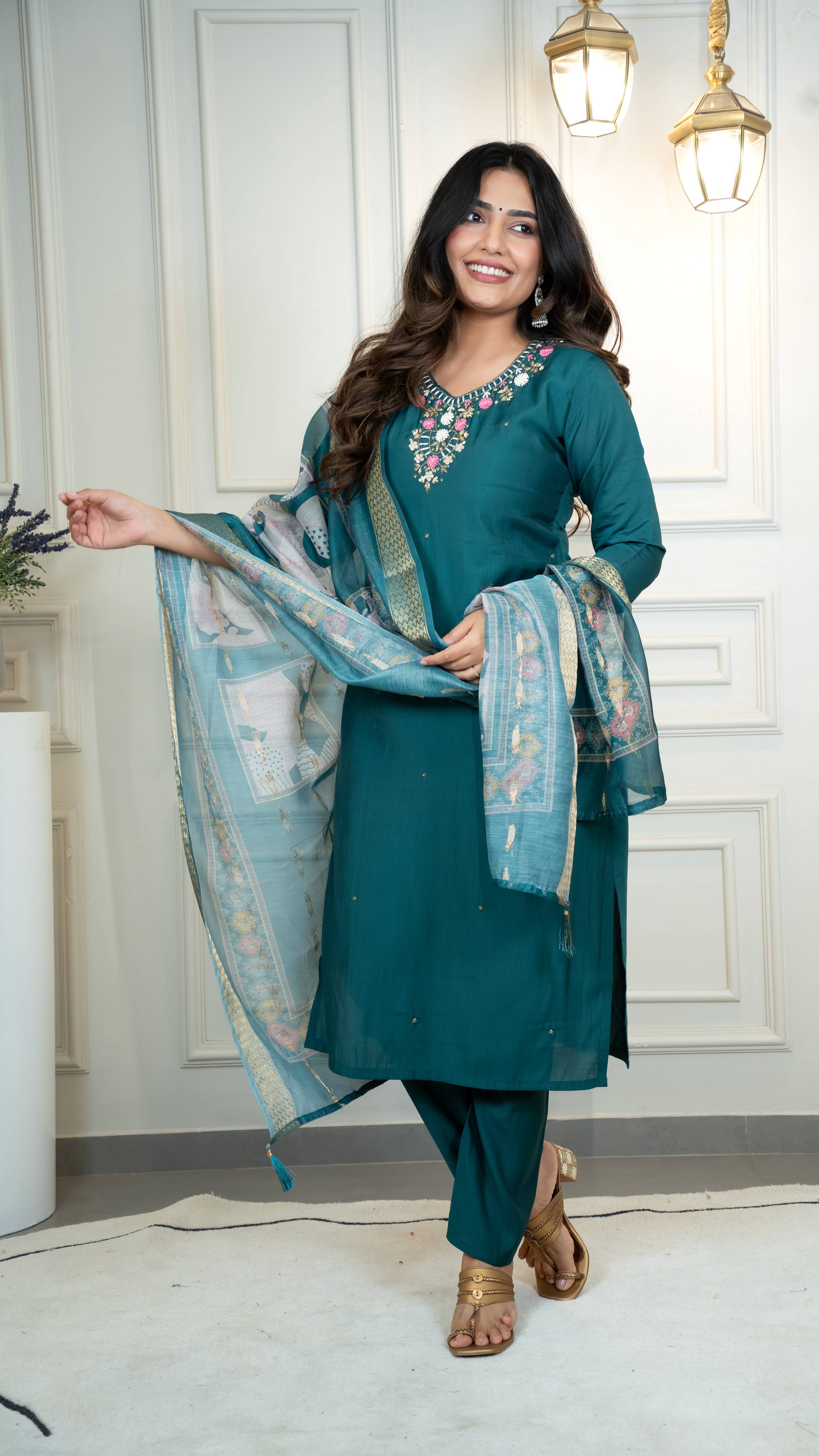 Vedant Vastram Roman Silk Hand Work & Embroidery Work Stitched Kurta Pant Dupatta Set-Rama - Distacart