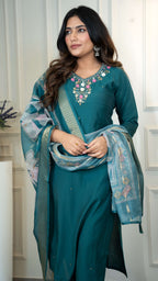 Vedant Vastram Roman Silk Hand Work & Embroidery Work Stitched Kurta Pant Dupatta Set-Rama - Distacart