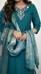 Vedant Vastram Roman Silk Hand Work & Embroidery Work Stitched Kurta Pant Dupatta Set-Rama - Distacart