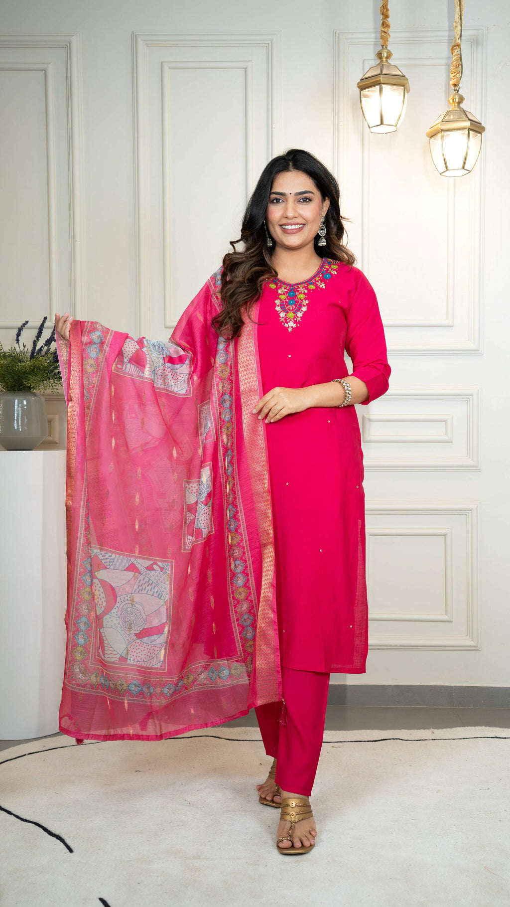 Vedant Vastram Roman Silk Hand Work & Embroidery Work Stitched Kurta Pant Dupatta Set-Pink - Distacart