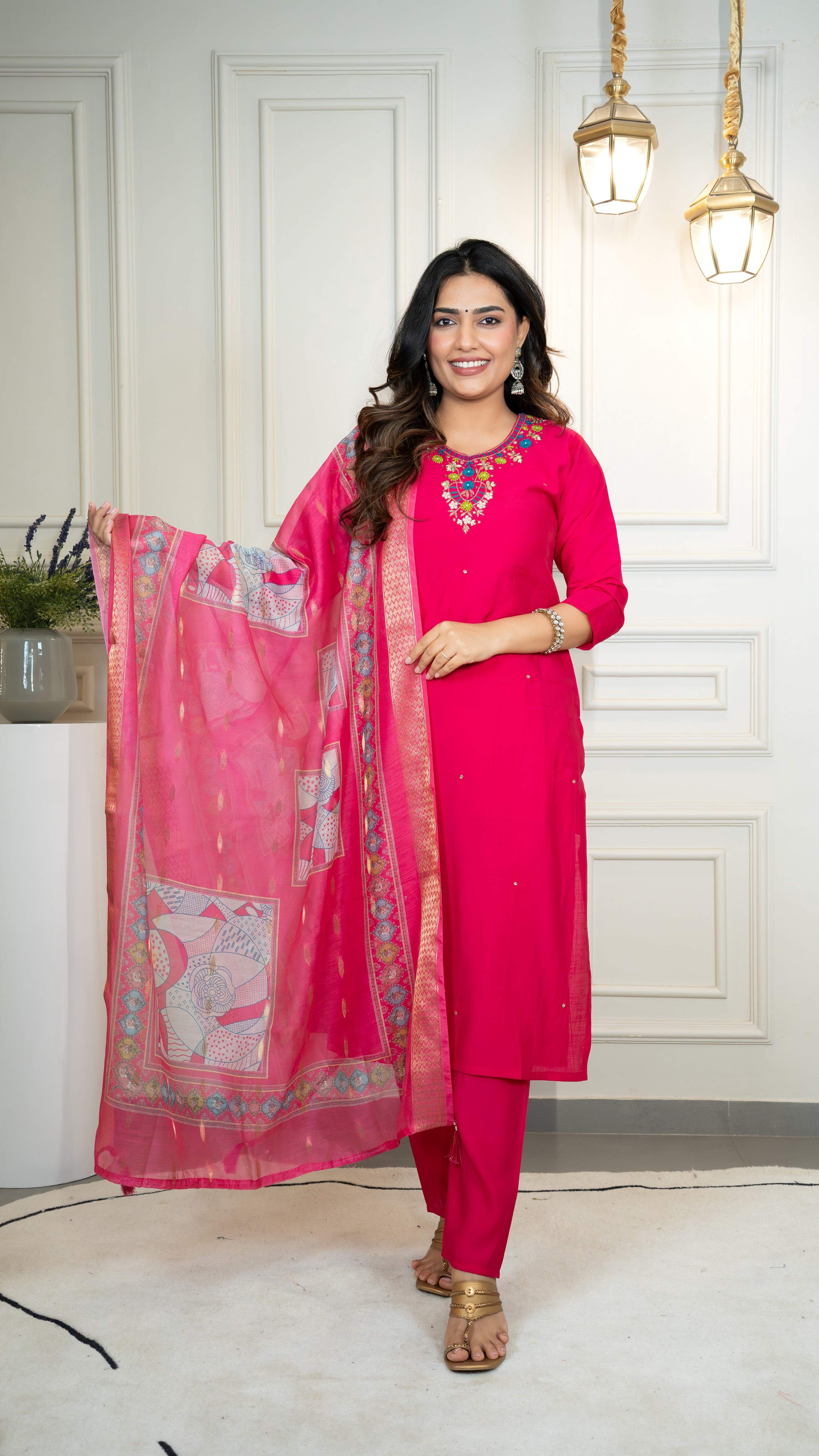 Vedant Vastram Roman Silk Hand Work & Embroidery Work Stitched Kurta Pant Dupatta Set-Pink - Distacart