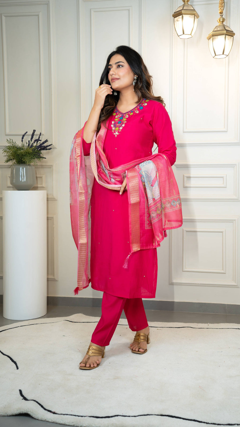 Vedant Vastram Roman Silk Hand Work & Embroidery Work Stitched Kurta Pant Dupatta Set-Pink - Distacart