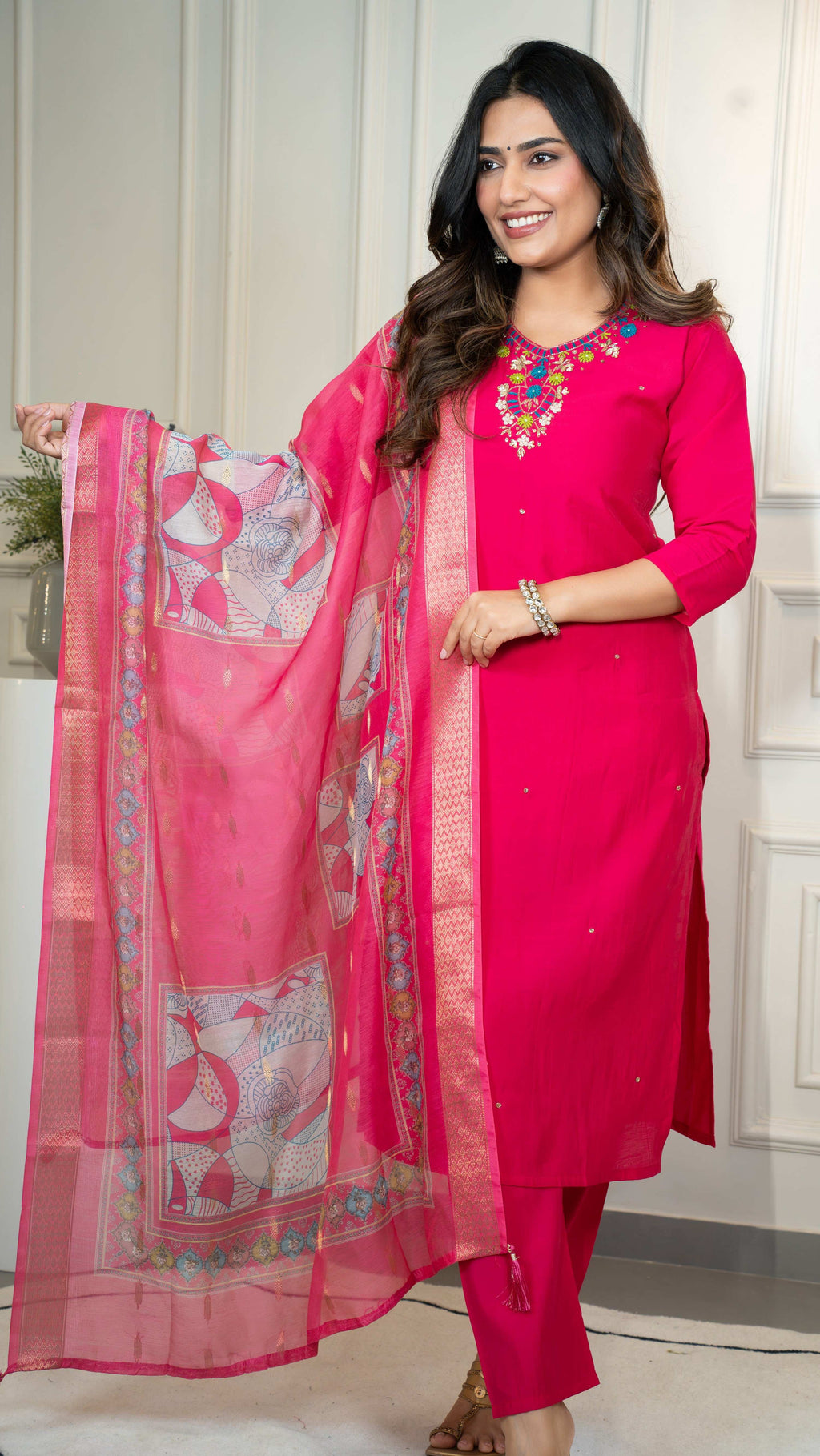 Vedant Vastram Roman Silk Hand Work & Embroidery Work Stitched Kurta Pant Dupatta Set-Pink - Distacart
