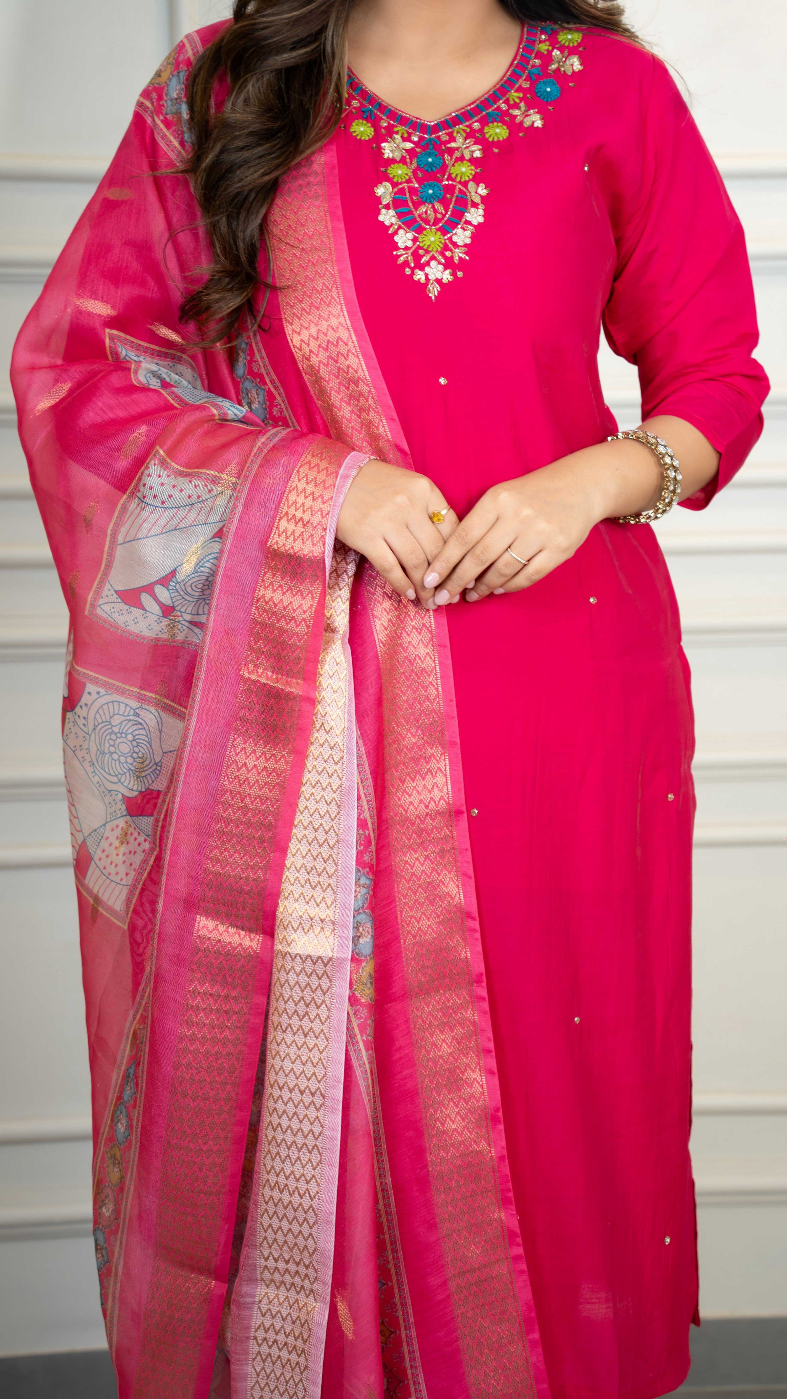 Vedant Vastram Roman Silk Hand Work & Embroidery Work Stitched Kurta Pant Dupatta Set-Pink - Distacart