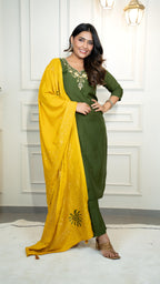 Vedant Vastram Roman Silk Hand Work & Embroidery Work Stitched Kurta Pant Dupatta Set-Mehandi - Distacart