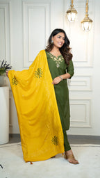 Vedant Vastram Roman Silk Hand Work & Embroidery Work Stitched Kurta Pant Dupatta Set-Mehandi - Distacart