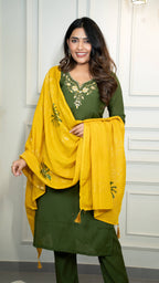 Vedant Vastram Roman Silk Hand Work & Embroidery Work Stitched Kurta Pant Dupatta Set-Mehandi - Distacart