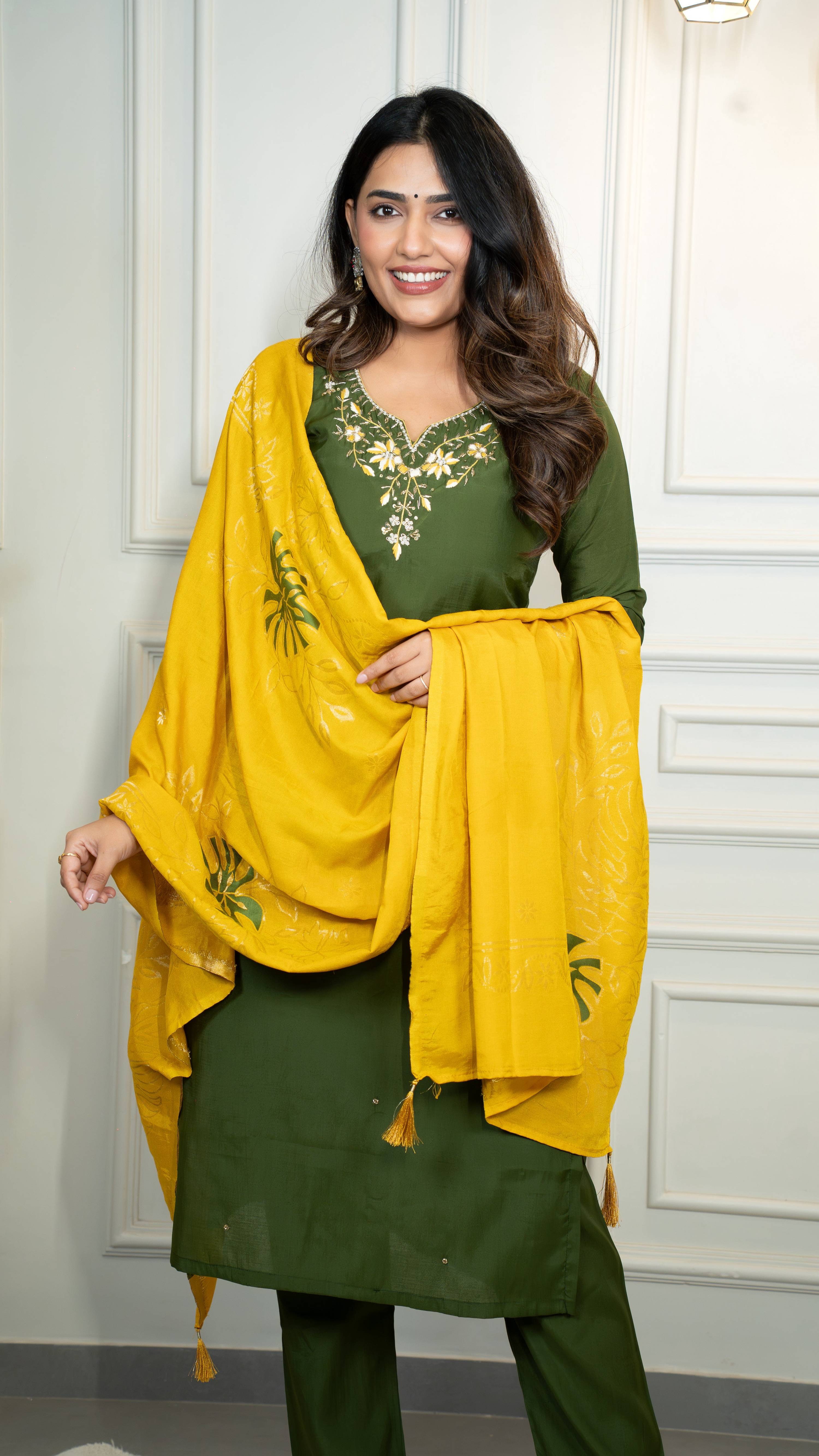 Vedant Vastram Roman Silk Hand Work & Embroidery Work Stitched Kurta Pant Dupatta Set-Mehandi - Distacart