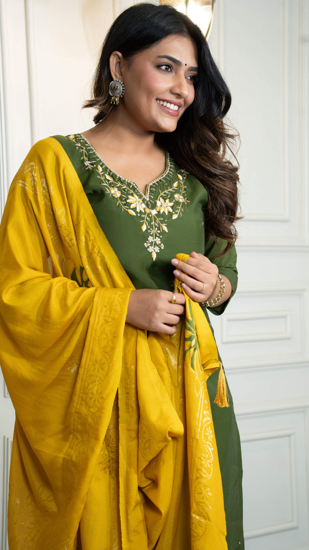 Vedant Vastram Roman Silk Hand Work & Embroidery Work Stitched Kurta Pant Dupatta Set-Mehandi - Distacart