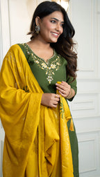 Vedant Vastram Roman Silk Hand Work & Embroidery Work Stitched Kurta Pant Dupatta Set-Mehandi - Distacart