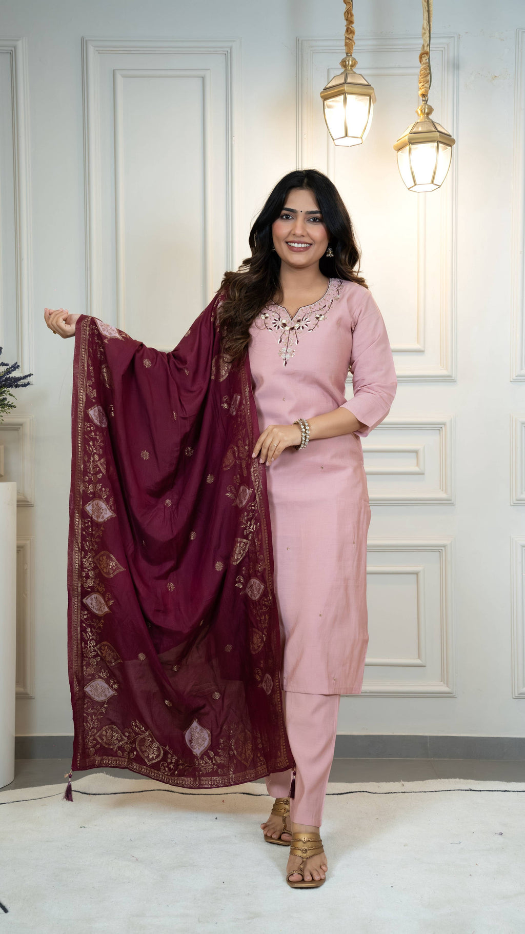 Vedant Vastram Roman Silk Hand Work & Embroidery Work Stitched Kurta Pant Dupatta Set-Peach - Distacart