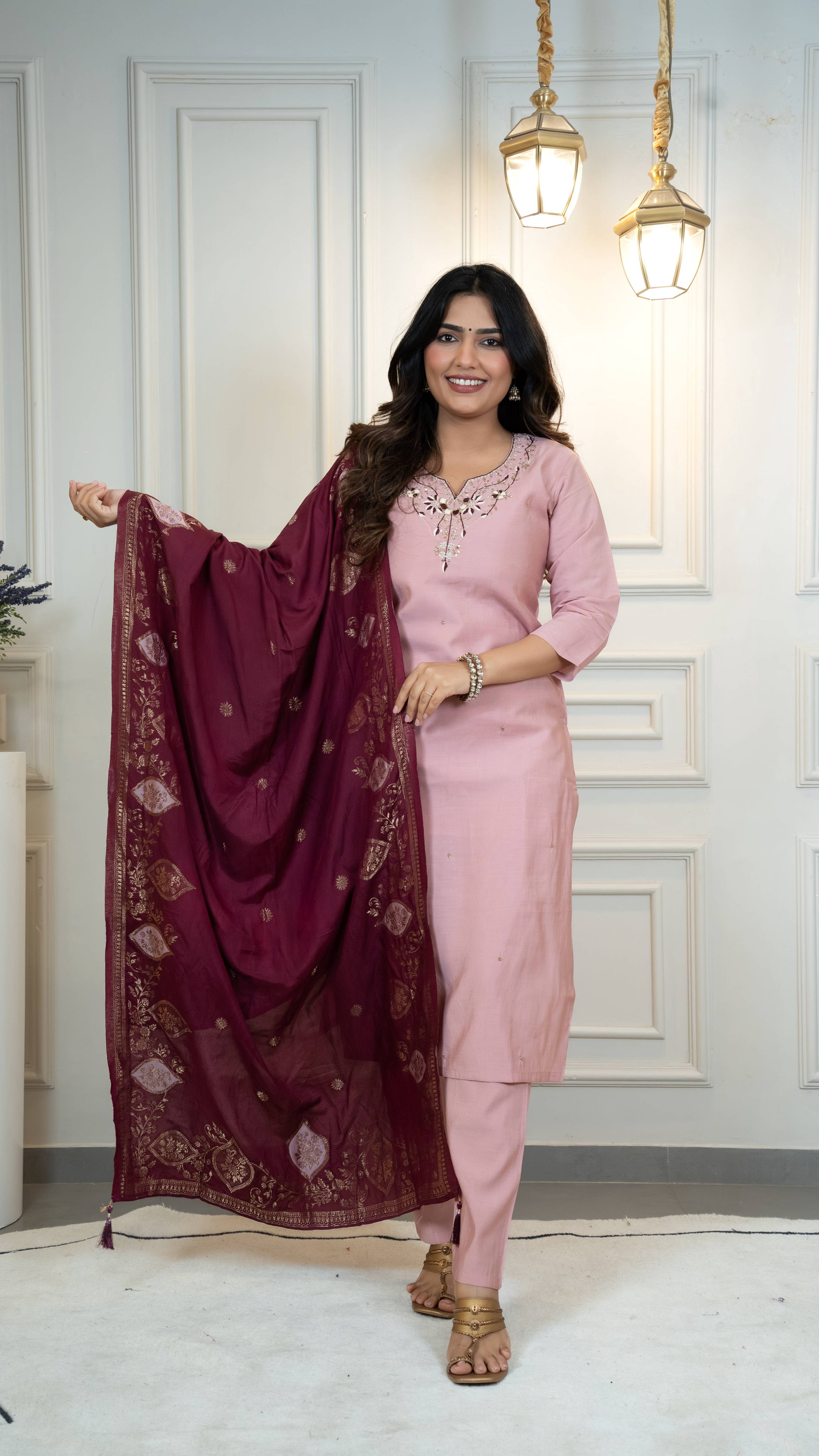 Vedant Vastram Roman Silk Hand Work & Embroidery Work Stitched Kurta Pant Dupatta Set-Peach - Distacart