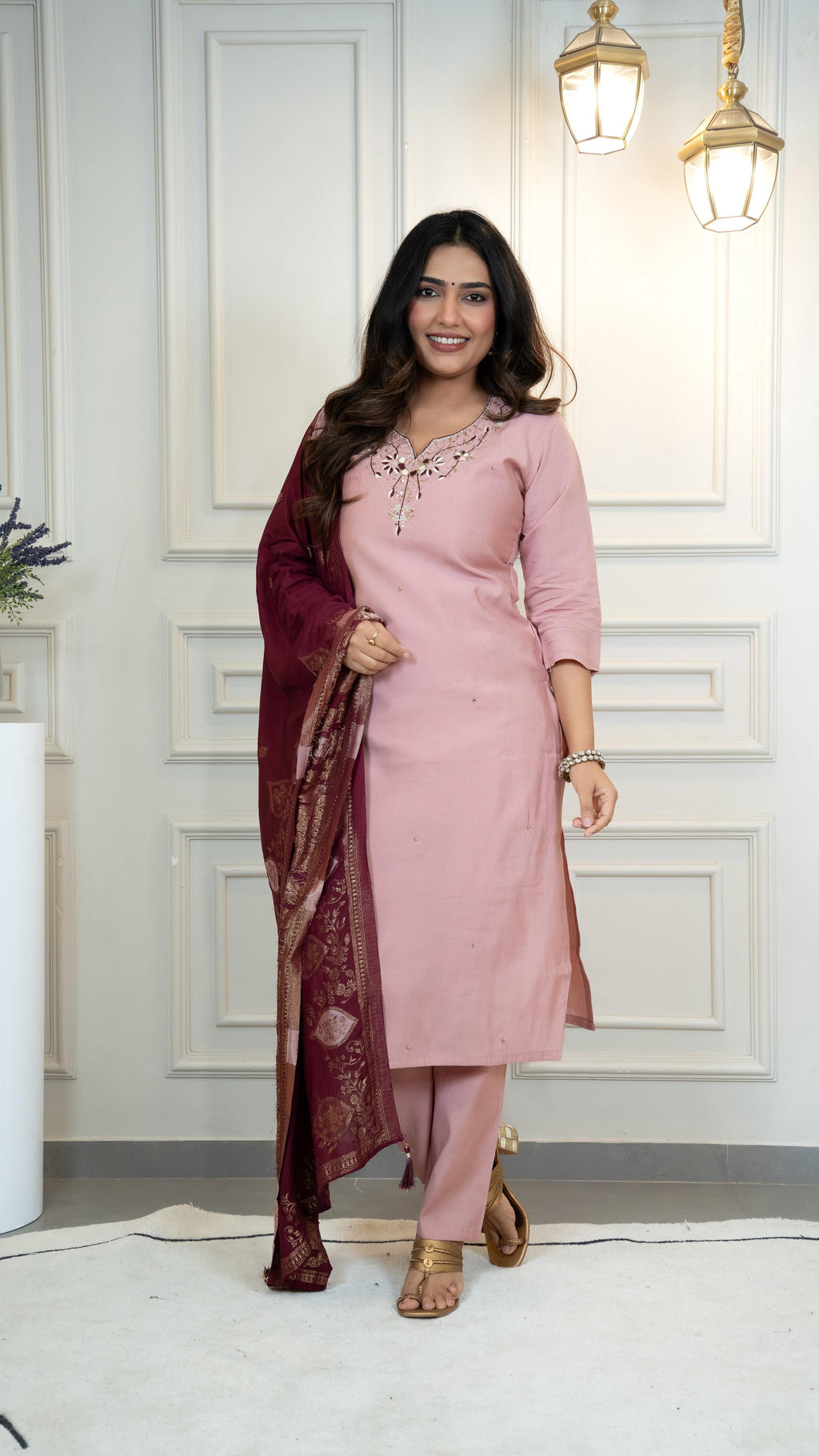 Vedant Vastram Roman Silk Hand Work & Embroidery Work Stitched Kurta Pant Dupatta Set-Peach - Distacart