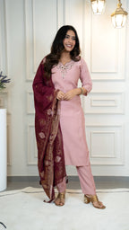 Vedant Vastram Roman Silk Hand Work & Embroidery Work Stitched Kurta Pant Dupatta Set-Peach - Distacart