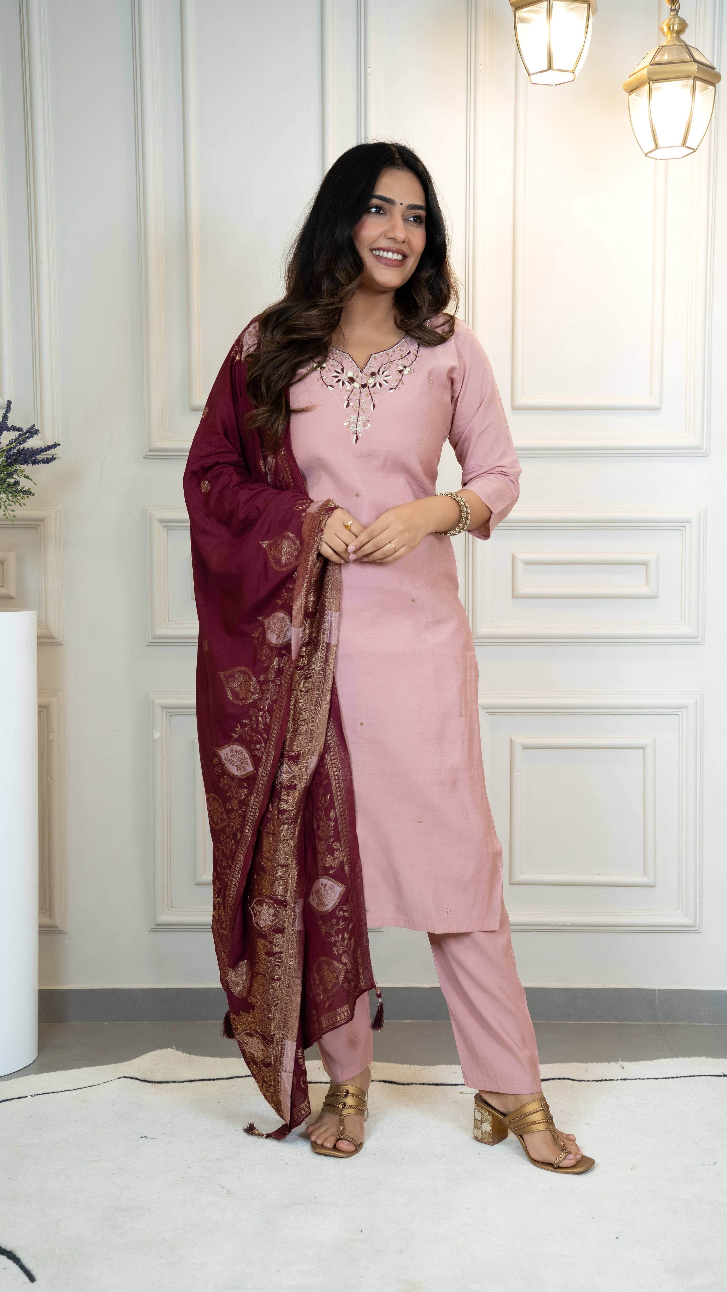 Vedant Vastram Roman Silk Hand Work & Embroidery Work Stitched Kurta Pant Dupatta Set-Peach - Distacart
