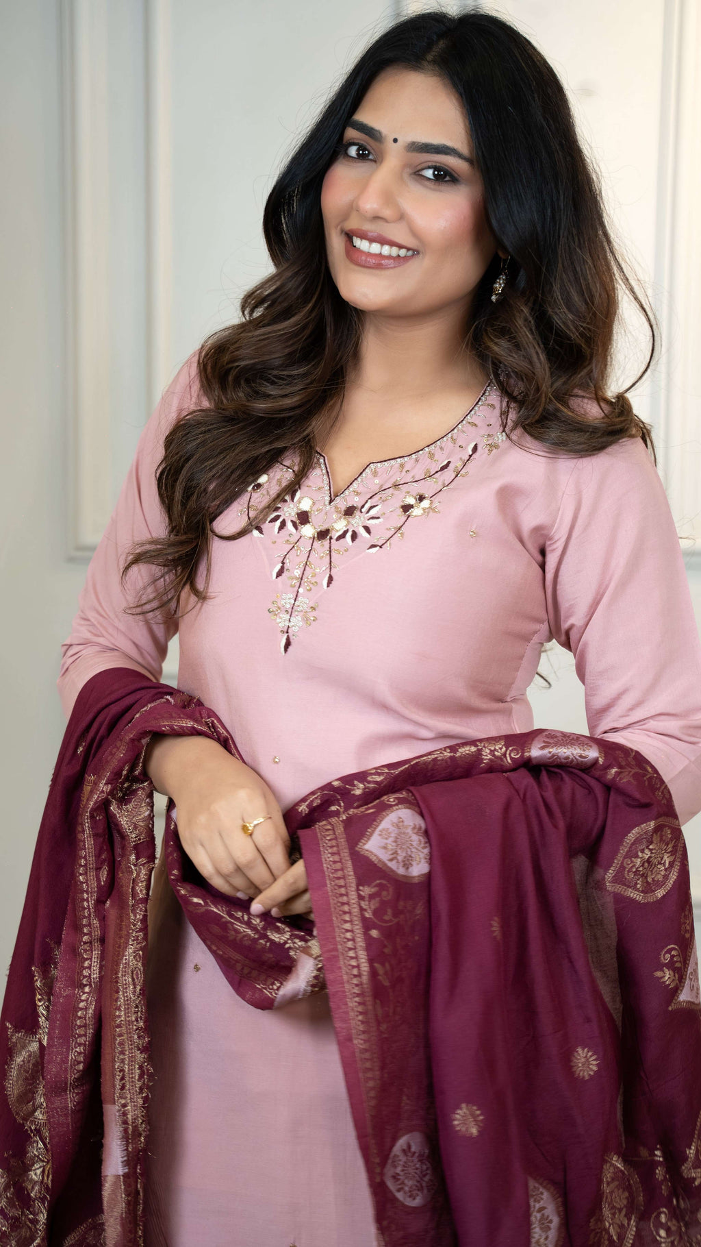 Vedant Vastram Roman Silk Hand Work & Embroidery Work Stitched Kurta Pant Dupatta Set-Peach - Distacart
