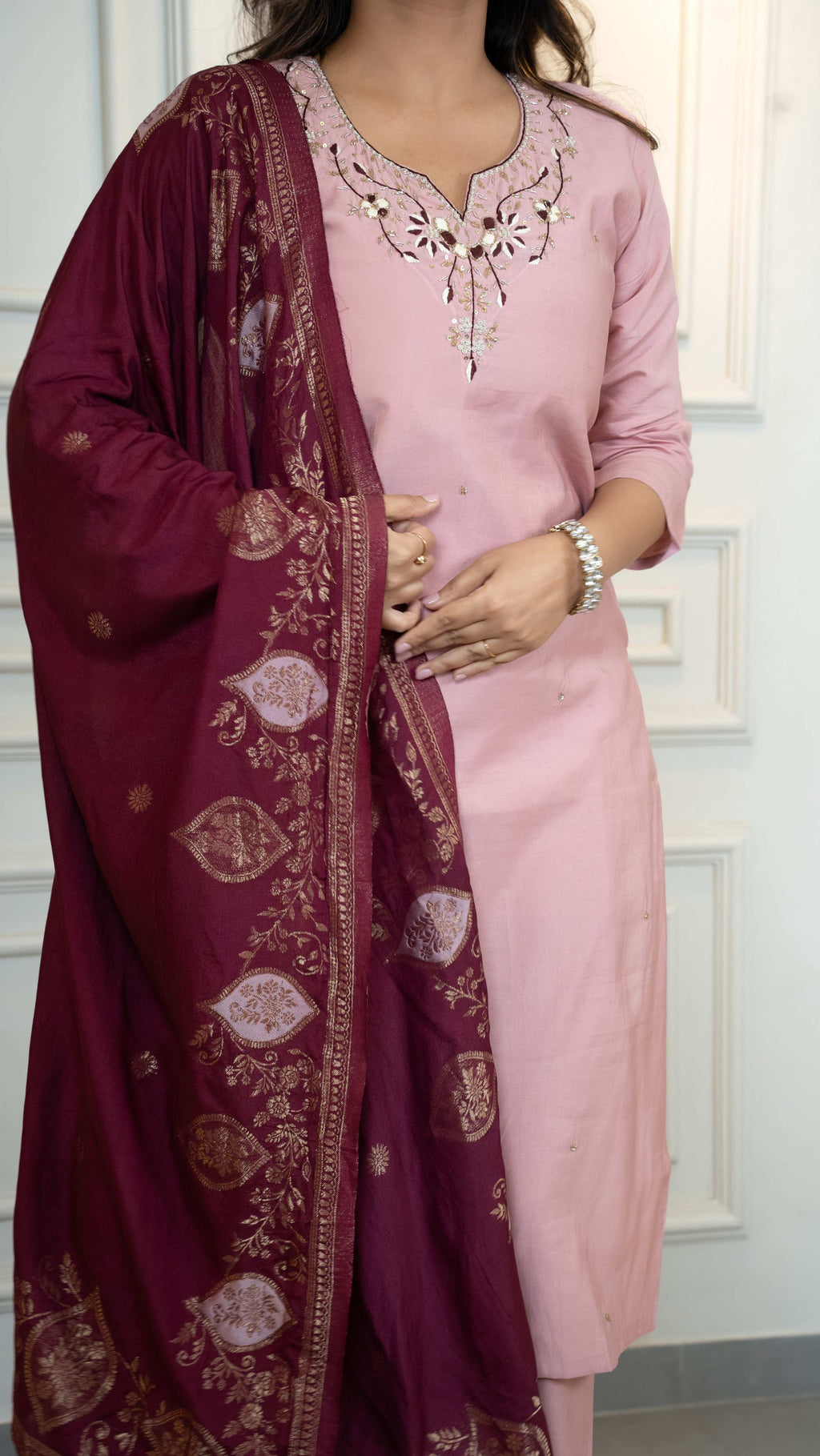 Vedant Vastram Roman Silk Hand Work & Embroidery Work Stitched Kurta Pant Dupatta Set-Peach - Distacart