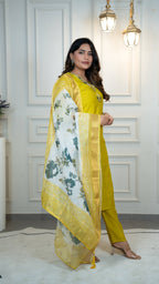 Vedant Vastram Roman Silk Hand Work & Embroidery Work Stitched Kurta Pant Dupatta Set-Yellow - Distacart